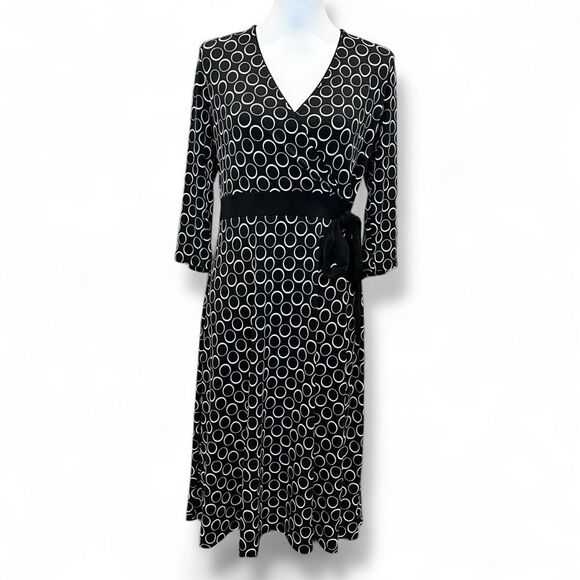 Apt 9 Black White Dress Circle Print Faux Wrap V-Neck Stretch Long Sleeve Medium - Picture 1 of 13